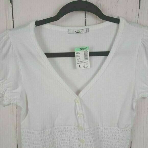 💰3/$25 Papaya Women's Crop Top Topper White Shirred Ruched Sleeves Jrs S NWT - Picture 2 of 7